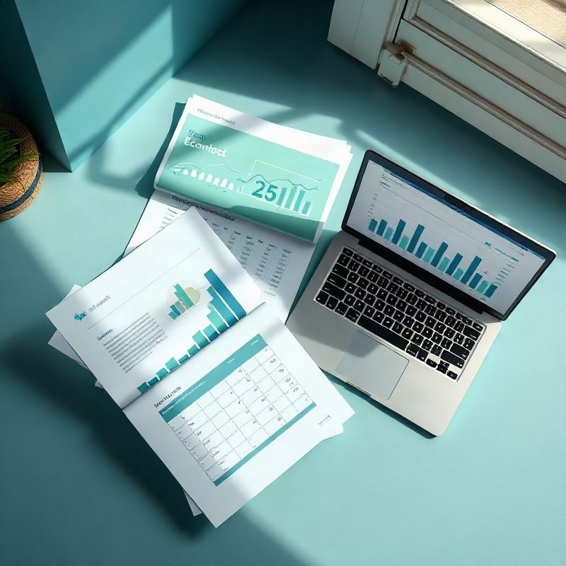 Reportes económicos impresos y una laptop mostrando gráficos
